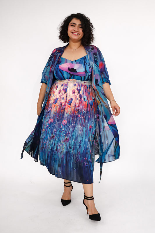 BLUE POPPY PLEATED SKIRT AND JACKET