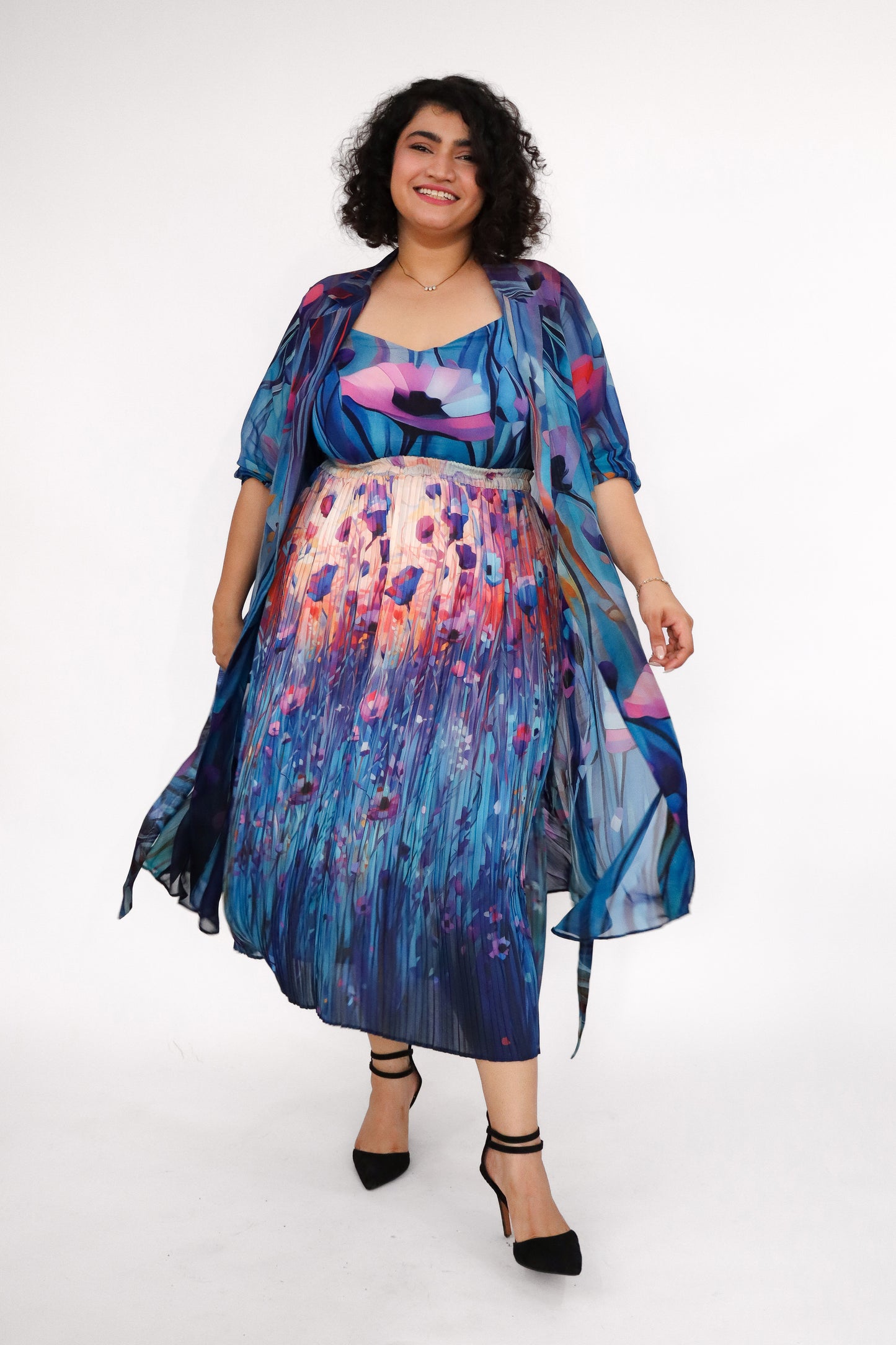 BLUE POPPY PLEATED SKIRT AND JACKET