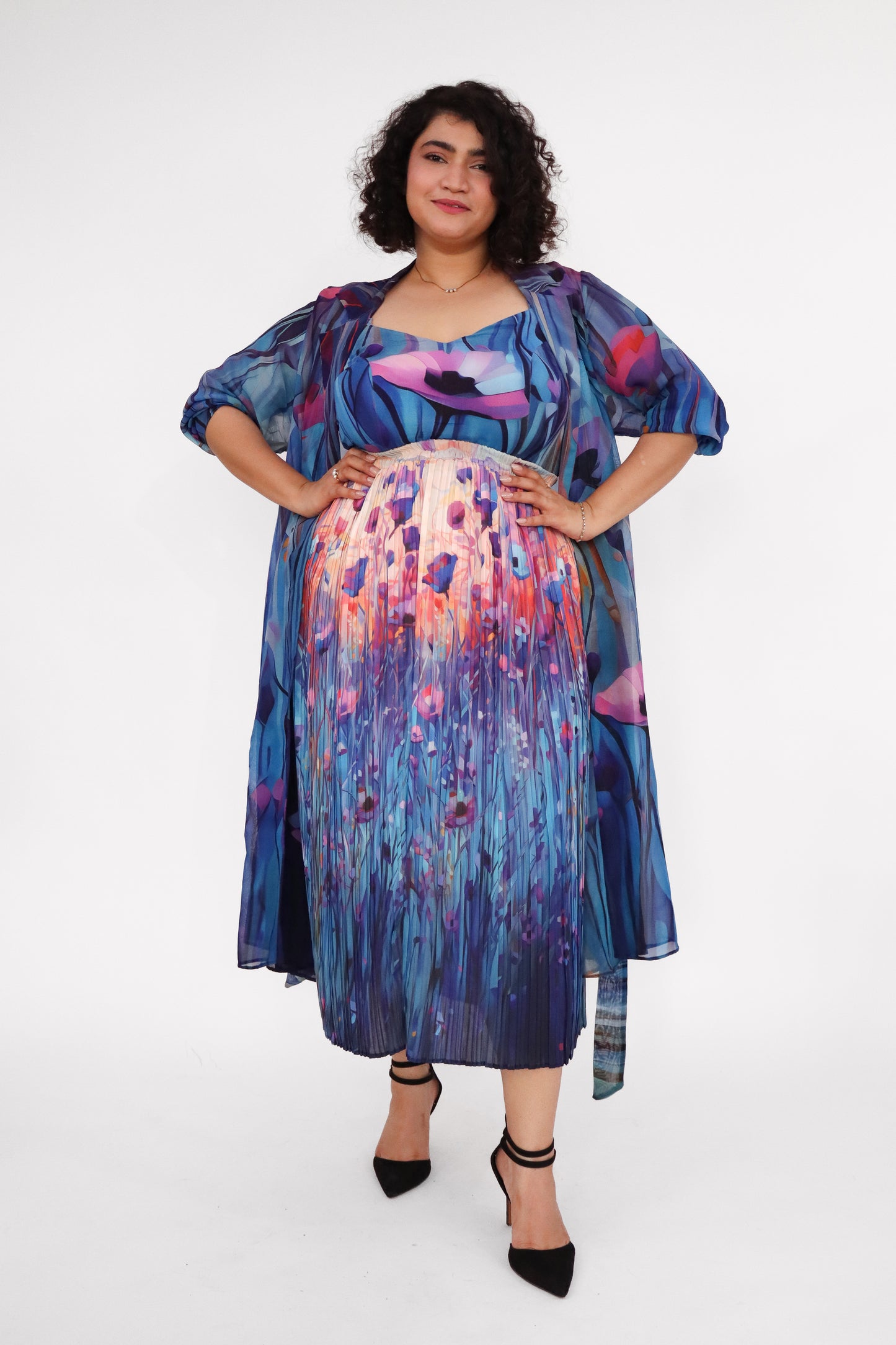 BLUE POPPY PLEATED SKIRT AND JACKET